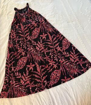 Nicole Miller NY Floral Halter Swing Dress Black Pink Sleeveless A-Line Size L